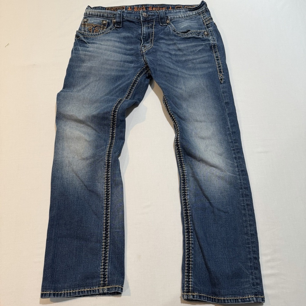 Rock Revival Jeans 34 Victor Straight Stretch Medium Wash Flap Pockets